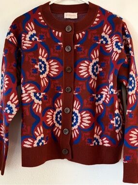 Ciebon Cardigan Sweater — Bold Floral Knit in Rust, Blue & Cream